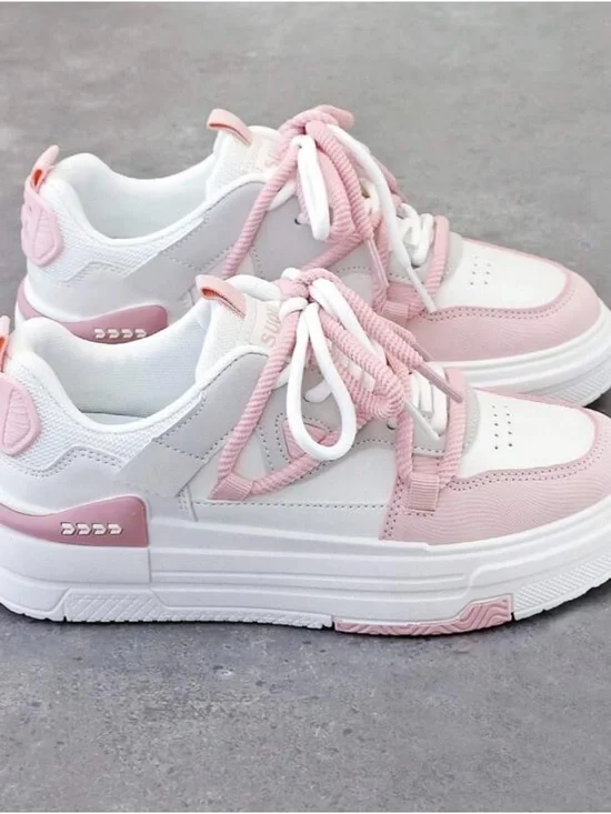 Women's Low-Top Casual Sneakers in Pink and White - Picture 1 of 10